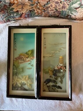 EUC Lot of 2 Vintage Chinese Shell Art Shadow Box Diorama